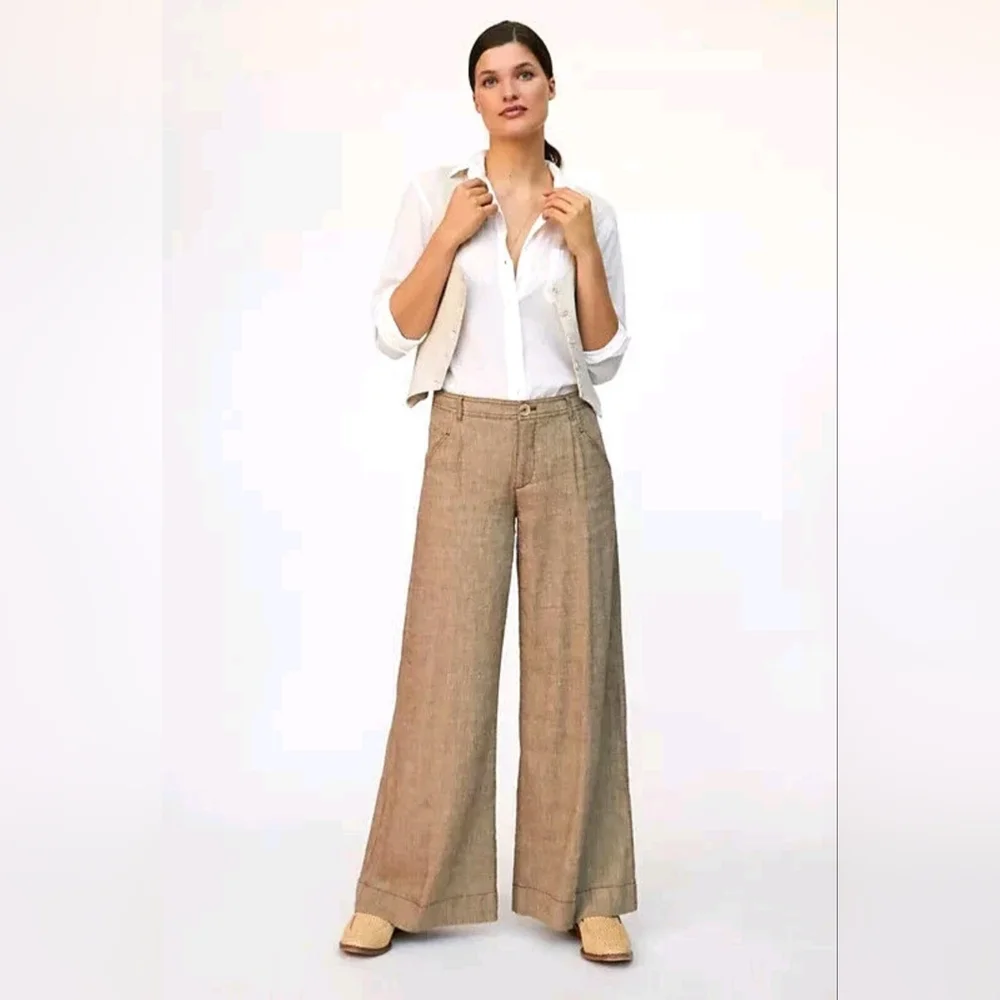 Anthropologie Linen Low-Rise Wide Leg Pants Tan Beige Waist 29 - Picture 1 of 15